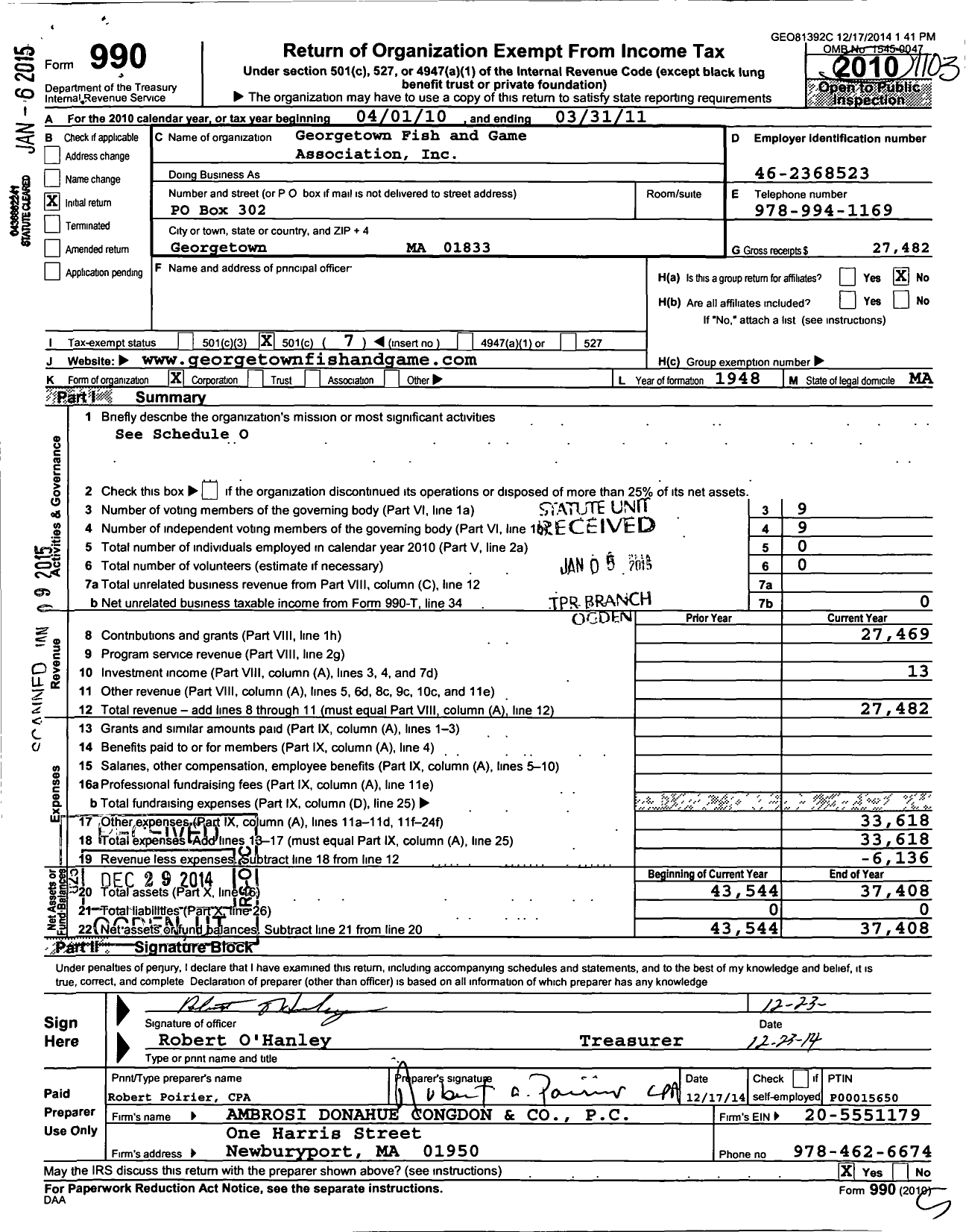 Image of first page of 2010 Form 990O for Georgetown Fish and Game Association