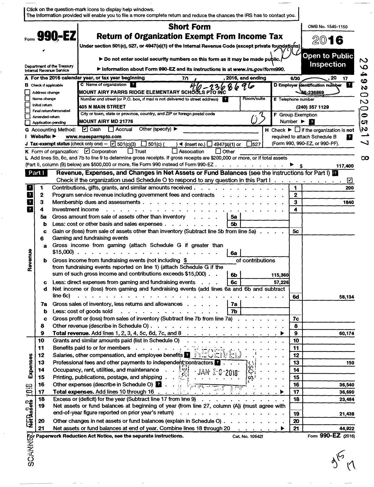 Image of first page of 2016 Form 990EZ for Mount Airy - Parrs Ridge Elementary Schools Pto