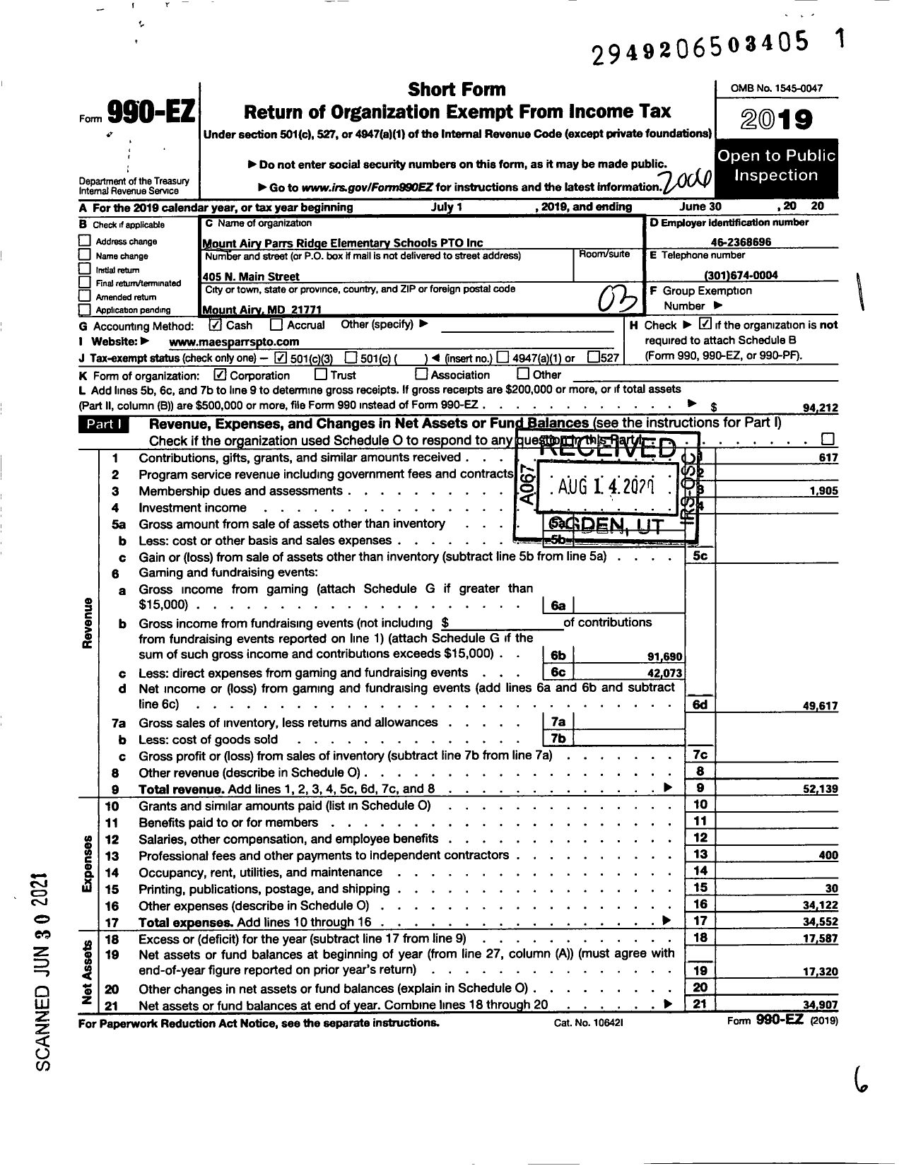 Image of first page of 2019 Form 990EZ for Mount Airy - Parrs Ridge Elementary Schools Pto