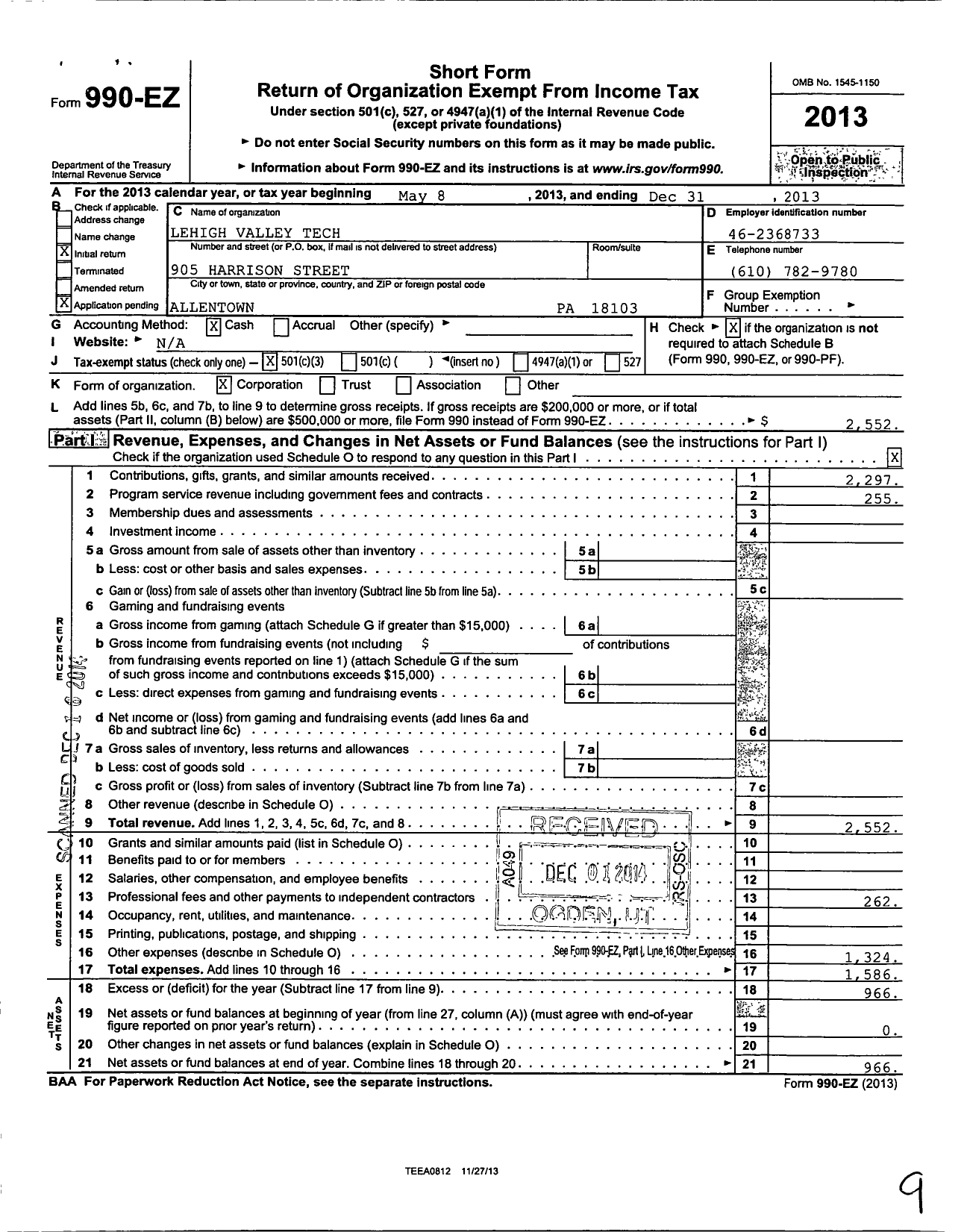 Image of first page of 2013 Form 990EZ for Lehigh Valley Tech