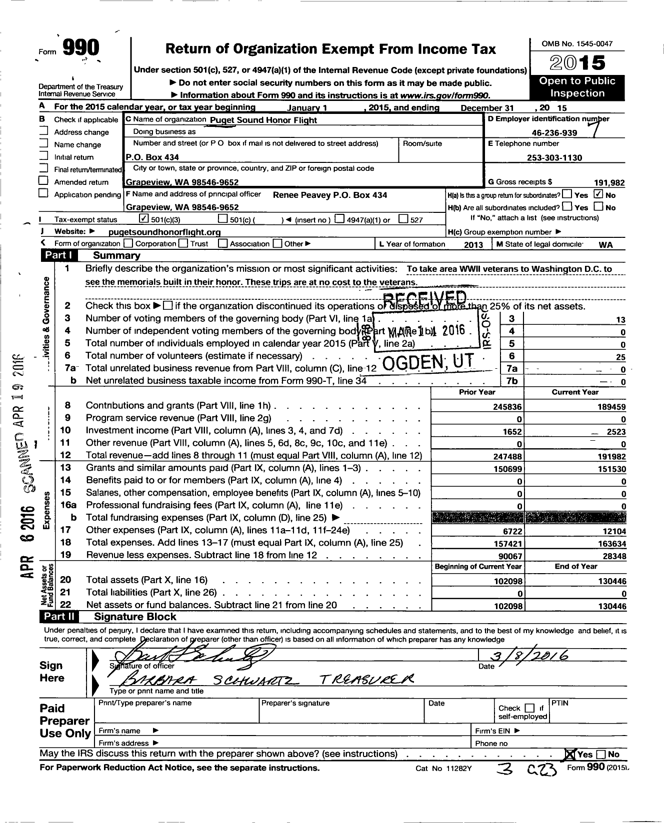 Image of first page of 2015 Form 990 for Puget Sound Honor Flight