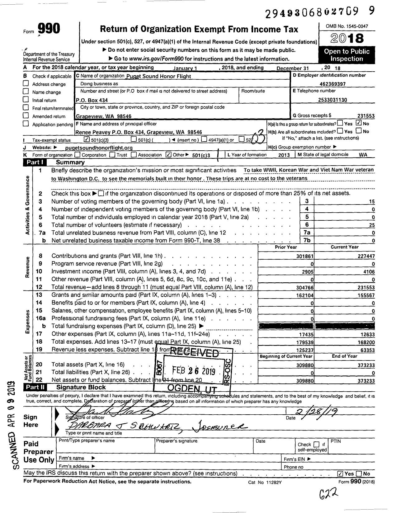 Image of first page of 2018 Form 990 for Puget Sound Honor Flight