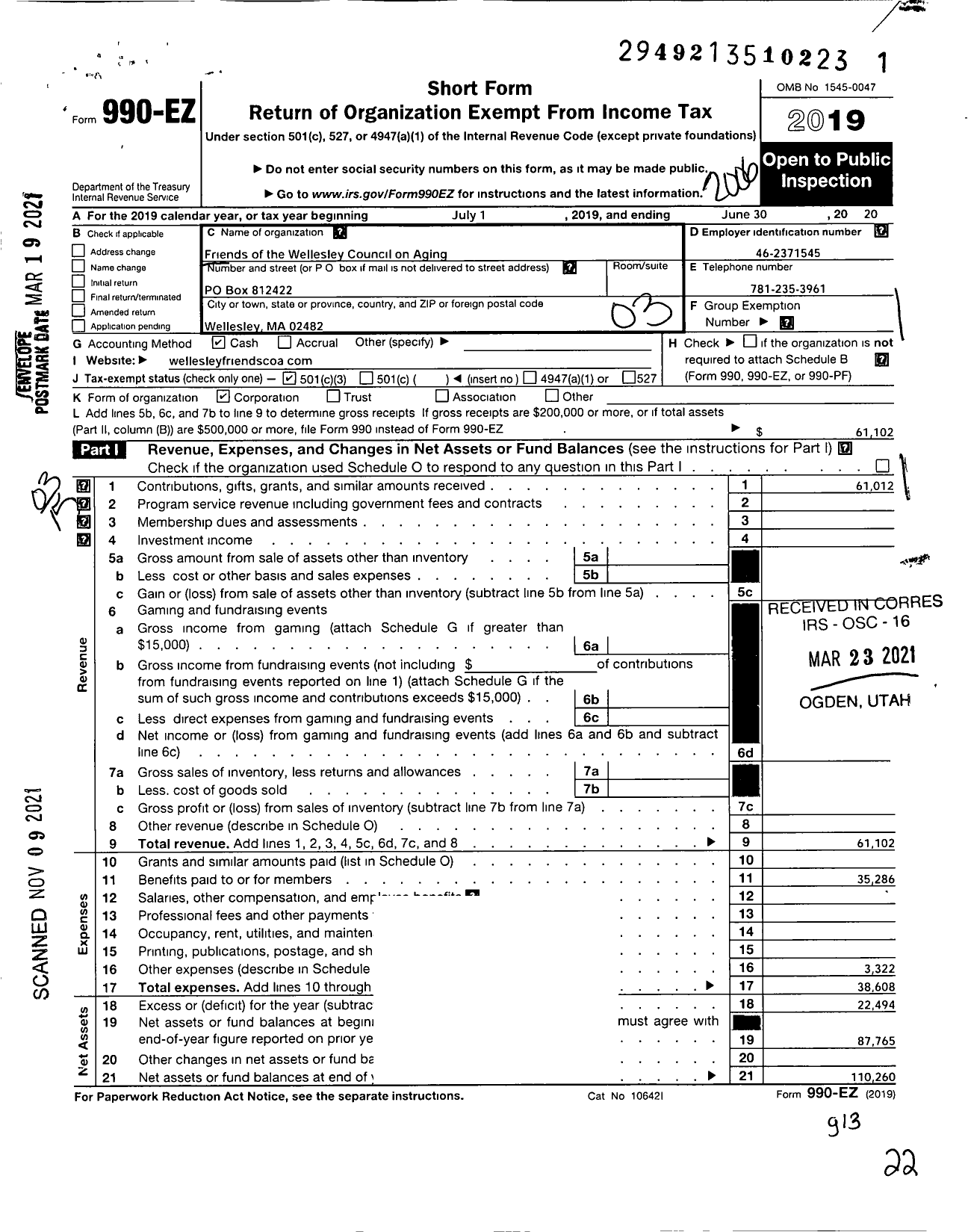 Image of first page of 2019 Form 990EZ for Friends of the Wellesley Council on Aging