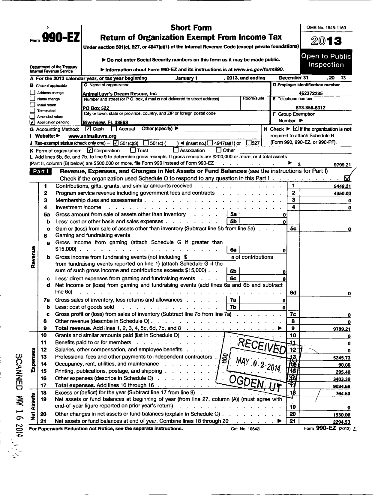 Image of first page of 2013 Form 990EZ for Animalluvrs Dream Rescue