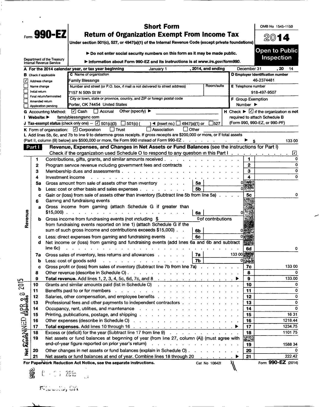 Image of first page of 2014 Form 990EZ for Family Blessings