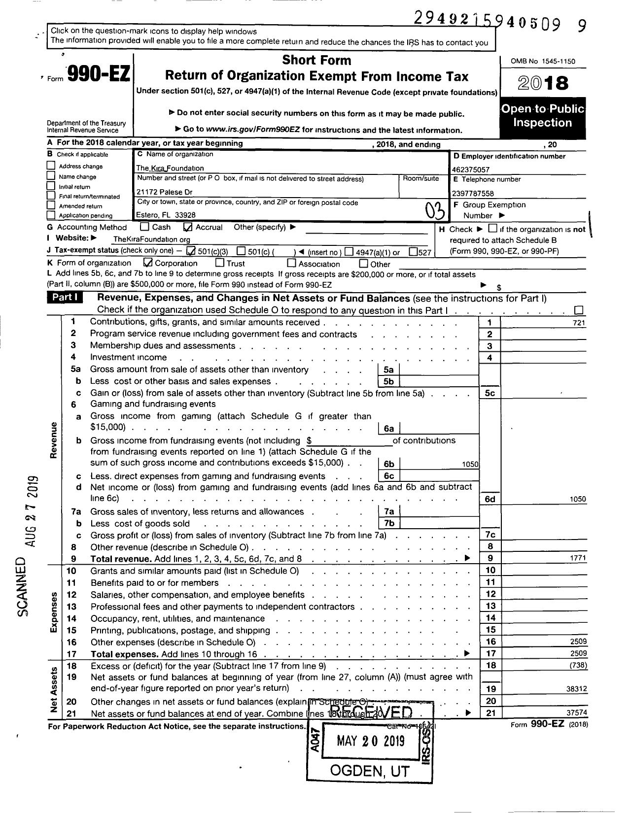 Image of first page of 2018 Form 990EZ for Kira Foundation