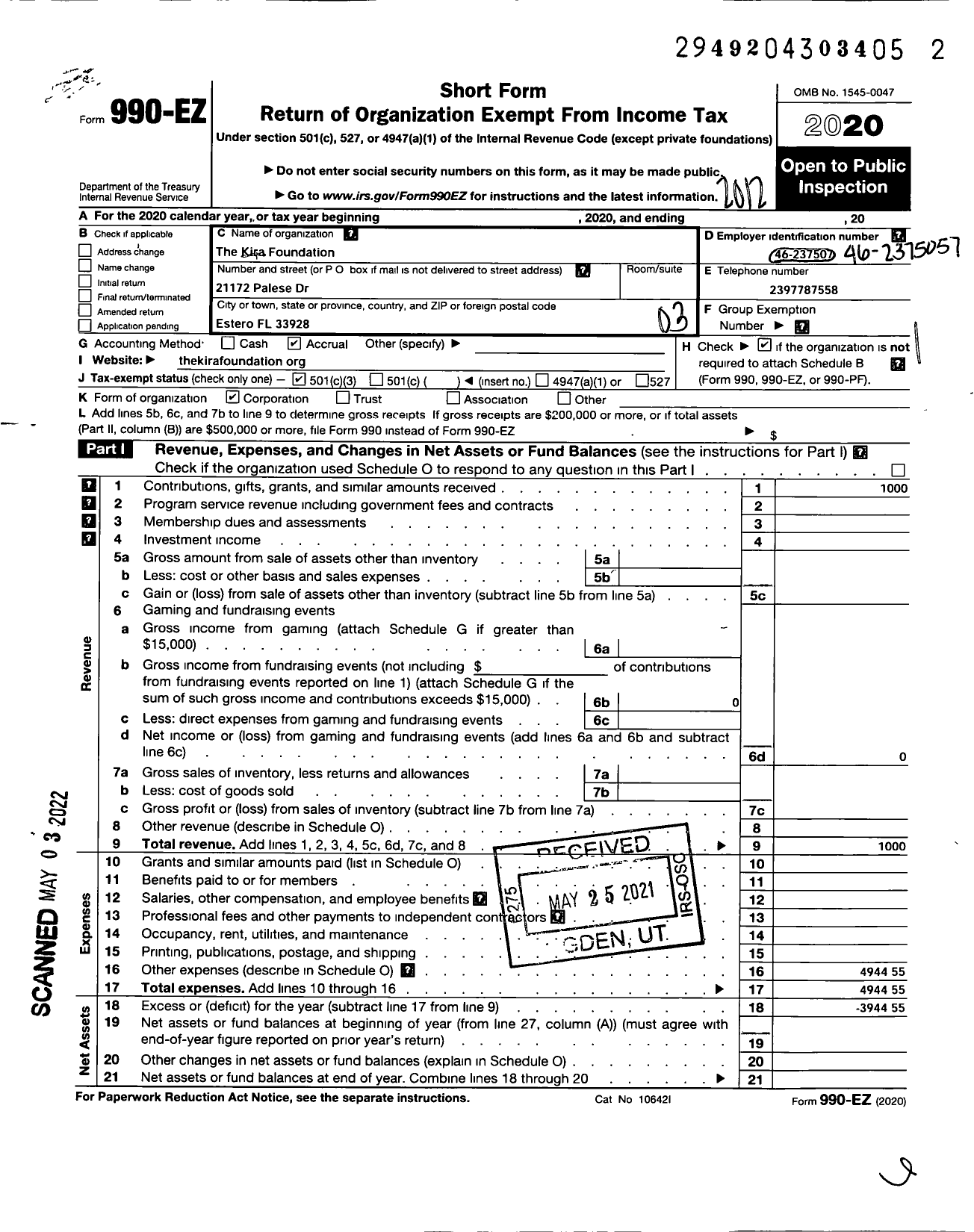 Image of first page of 2020 Form 990EZ for Kira Foundation