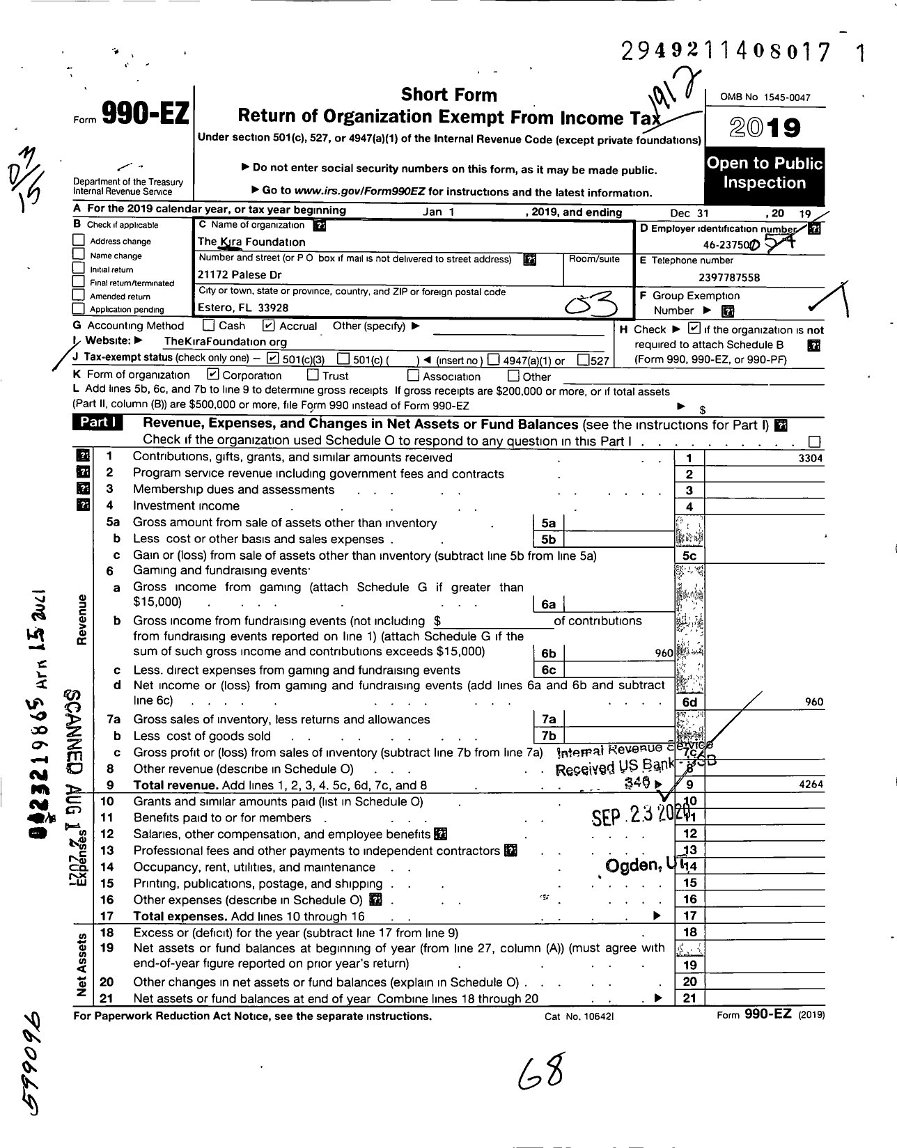 Image of first page of 2019 Form 990EZ for Kira Foundation