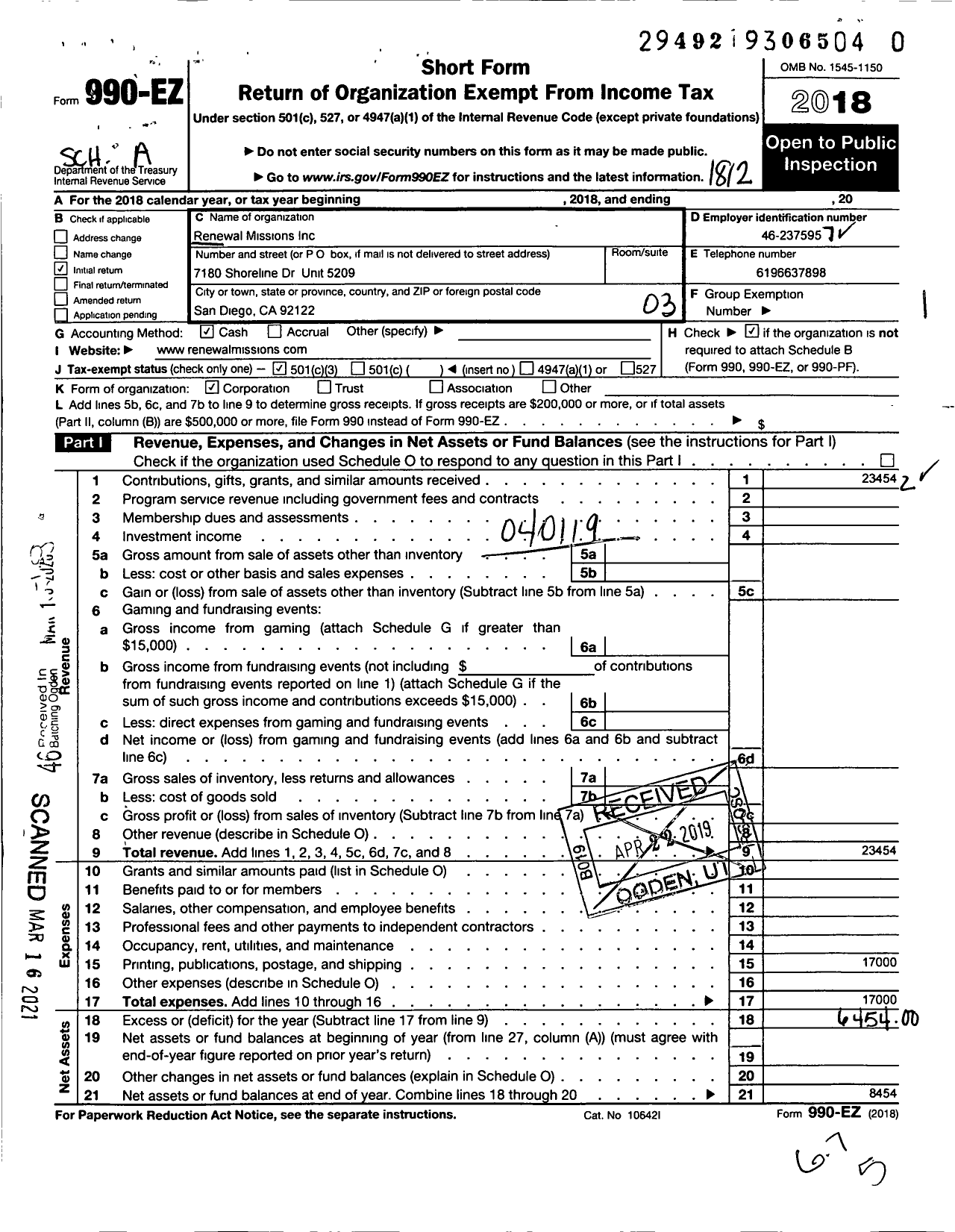 Image of first page of 2018 Form 990EZ for Renewal