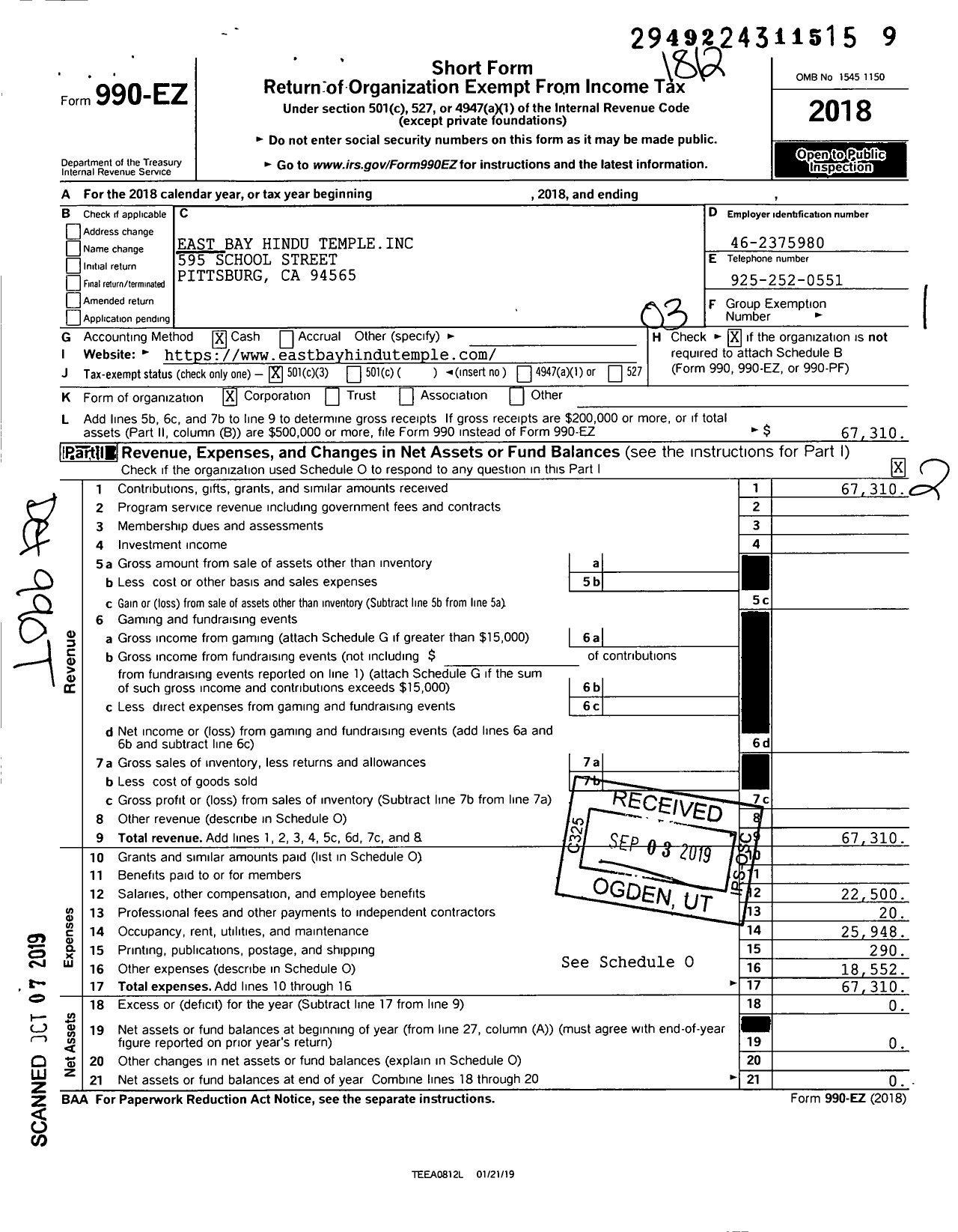 Image of first page of 2018 Form 990EZ for Eastbay Hindu Temple