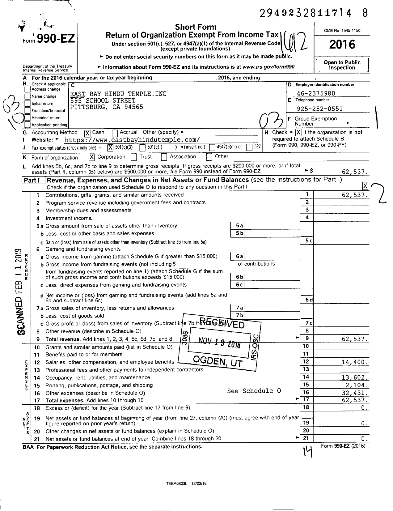 Image of first page of 2016 Form 990EZ for Eastbay Hindu Temple