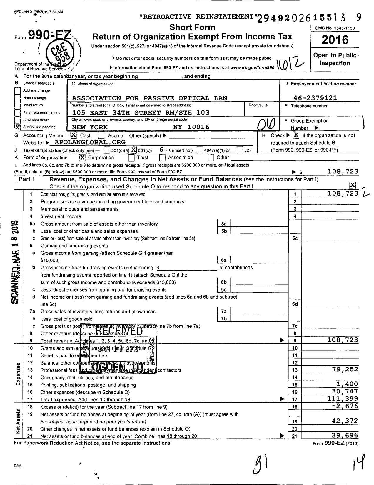 Image of first page of 2016 Form 990EO for Apolan