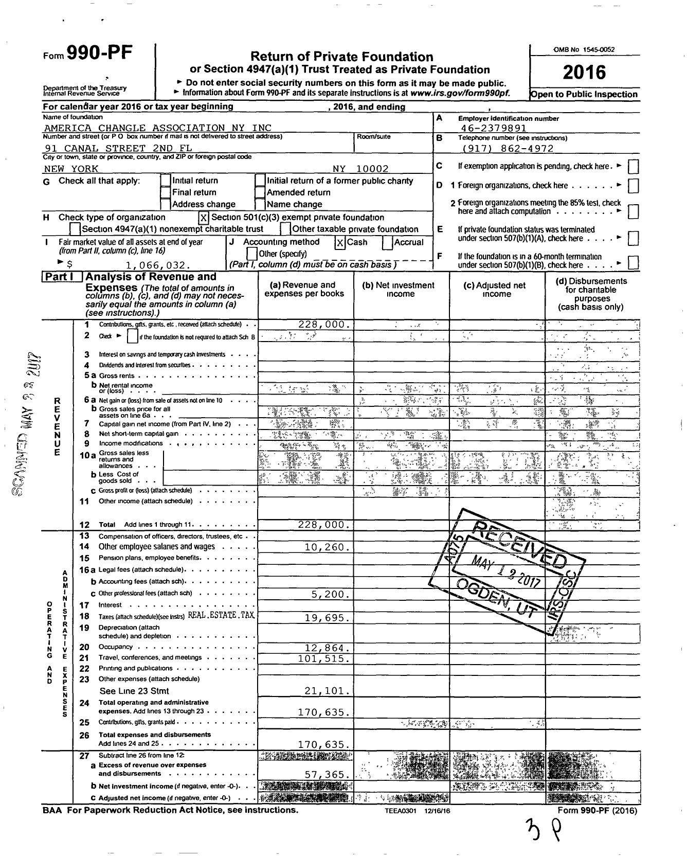 Image of first page of 2016 Form 990PF for America Changle Association Ny