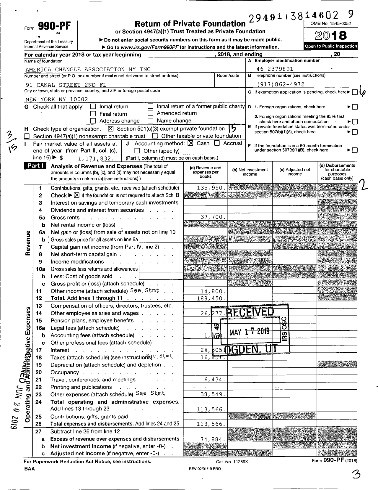 Image of first page of 2018 Form 990PF for America Changle Association Ny