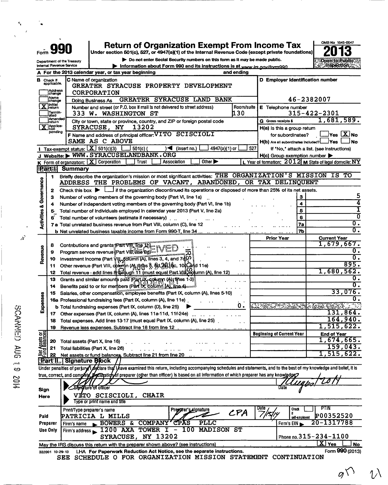 Image of first page of 2013 Form 990 for Greater Syracuse Land Bank