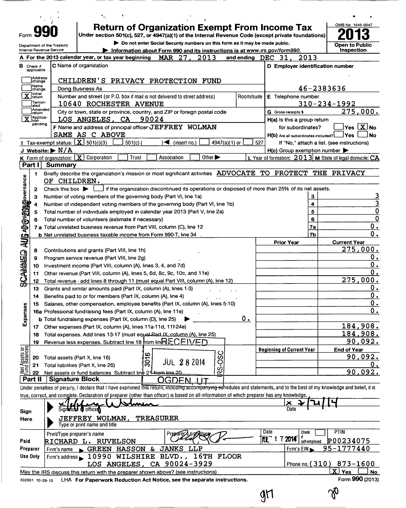 Image of first page of 2013 Form 990 for Children's Privacy Protection Fund