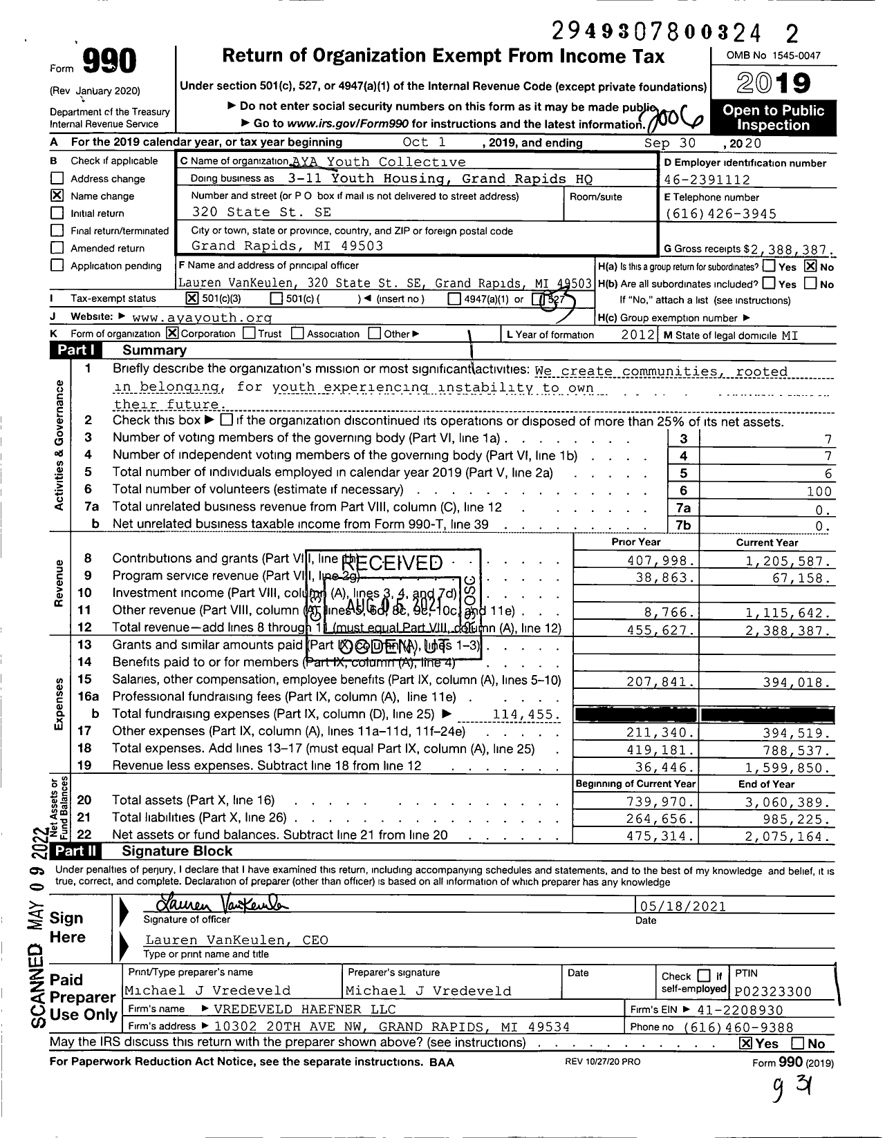 Image of first page of 2019 Form 990 for AYA Youth Collective