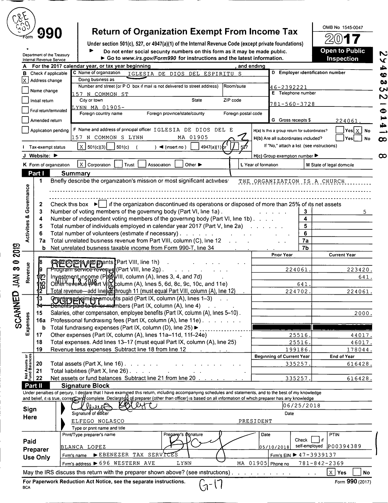 Image of first page of 2017 Form 990 for Iglesia de Dios Del Espiritu S