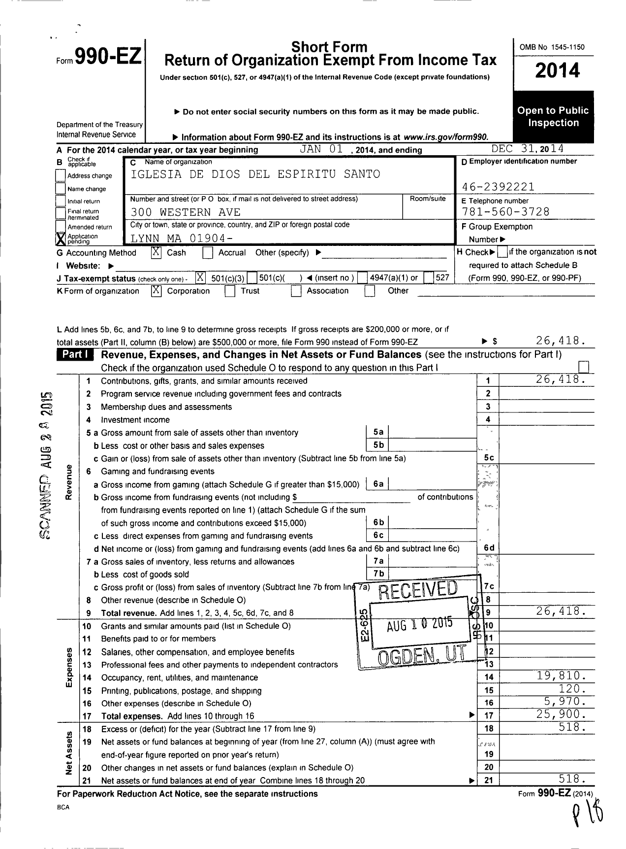 Image of first page of 2014 Form 990EZ for Iglesia de Dios Del Espiritu S