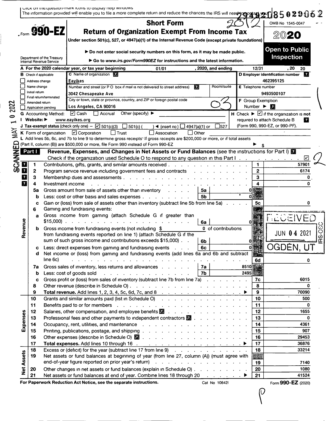 Image of first page of 2020 Form 990EZ for Eayikes