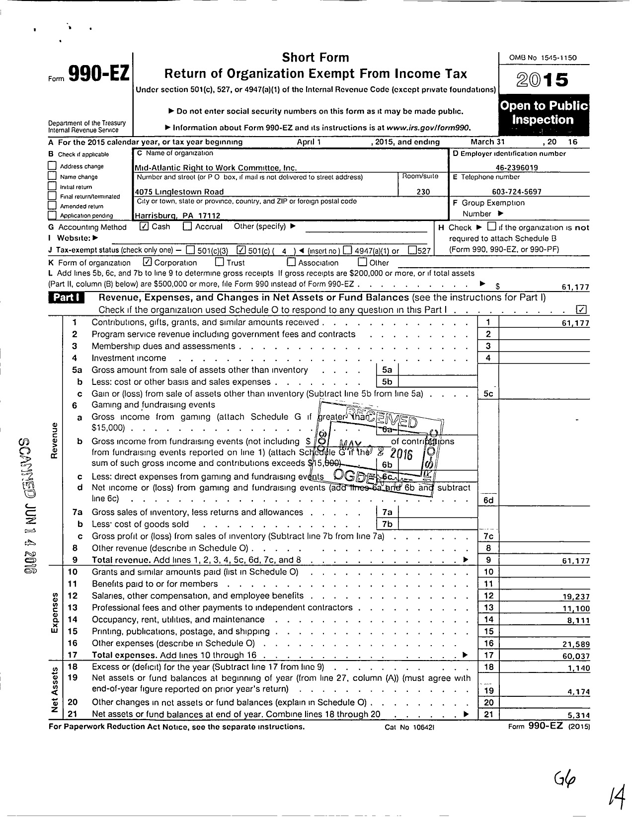 Image of first page of 2015 Form 990EO for Mid-Atlantic Right To Work Committee