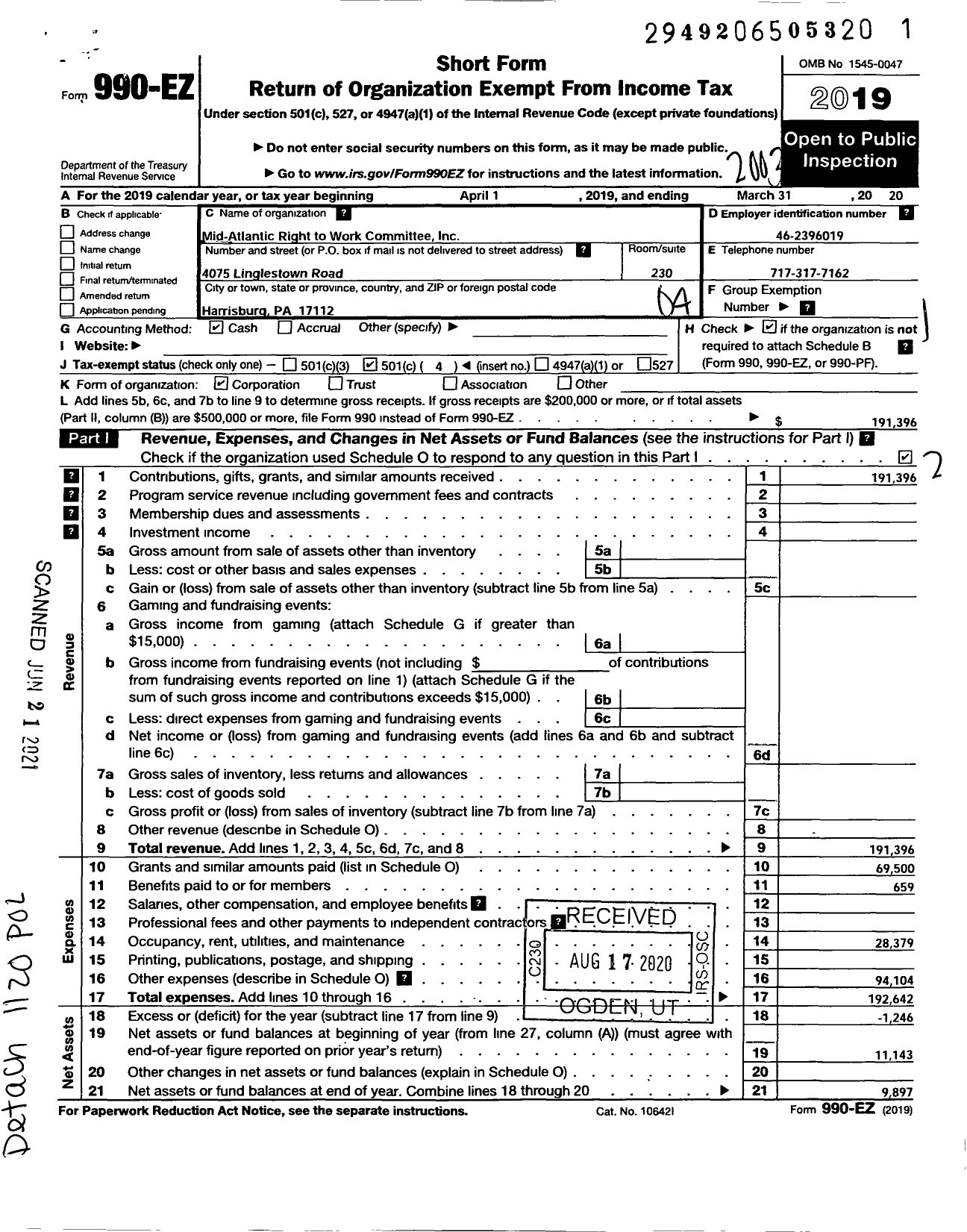 Image of first page of 2019 Form 990EO for Mid-Atlantic Right To Work Committee