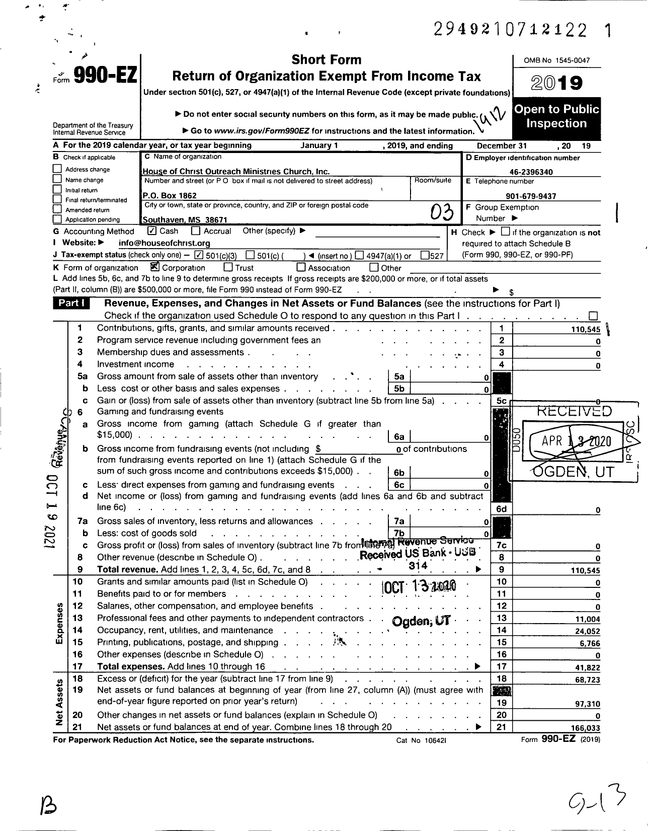 Image of first page of 2019 Form 990EZ for House of Christ Outreach Ministries Church