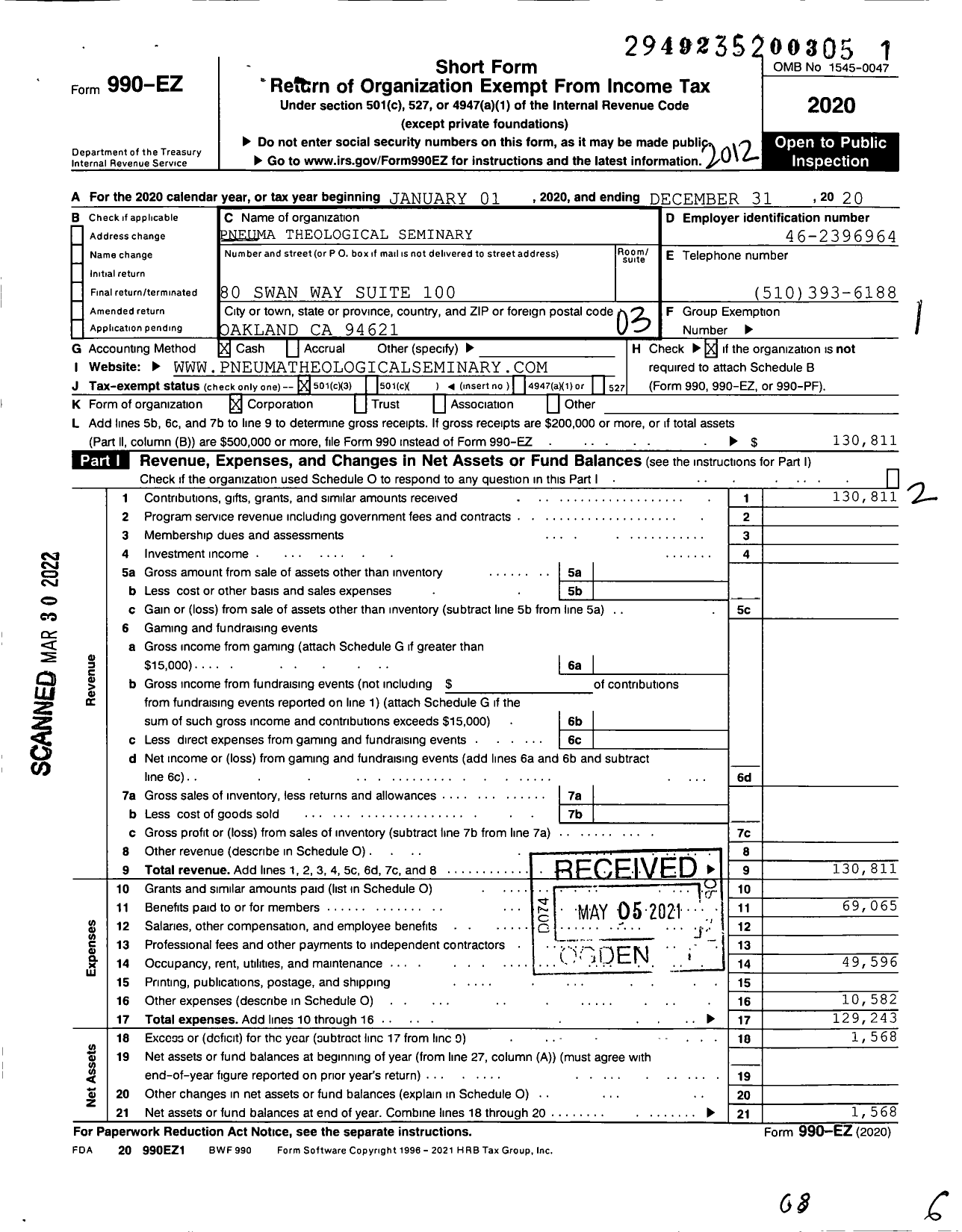 Image of first page of 2020 Form 990EZ for Pneuma Theological Seminary