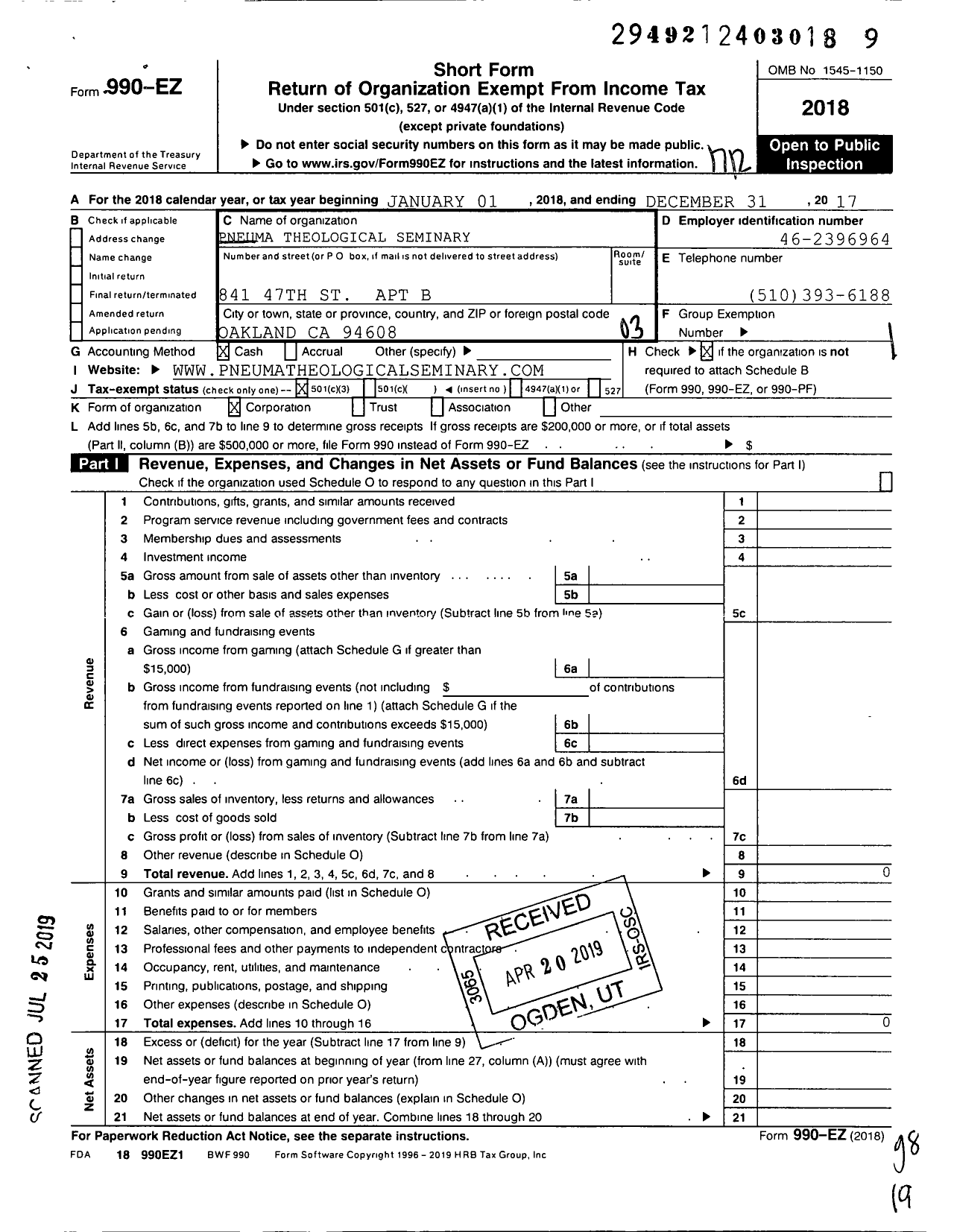 Image of first page of 2017 Form 990EZ for Pneuma Theological Seminary