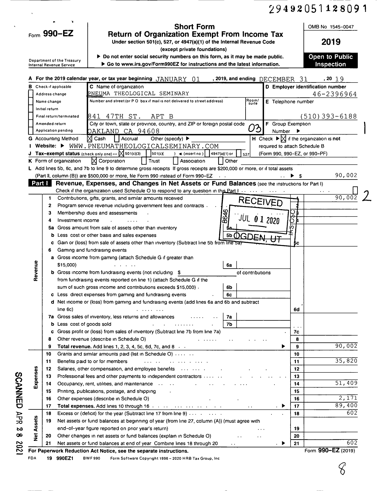 Image of first page of 2019 Form 990EZ for Pneuma Theological Seminary