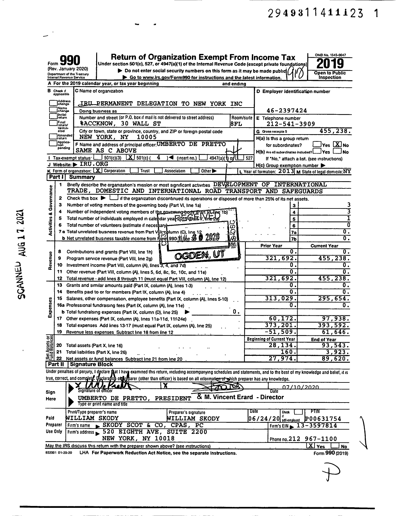 Image of first page of 2019 Form 990O for Iru Permanent Delegation in New York