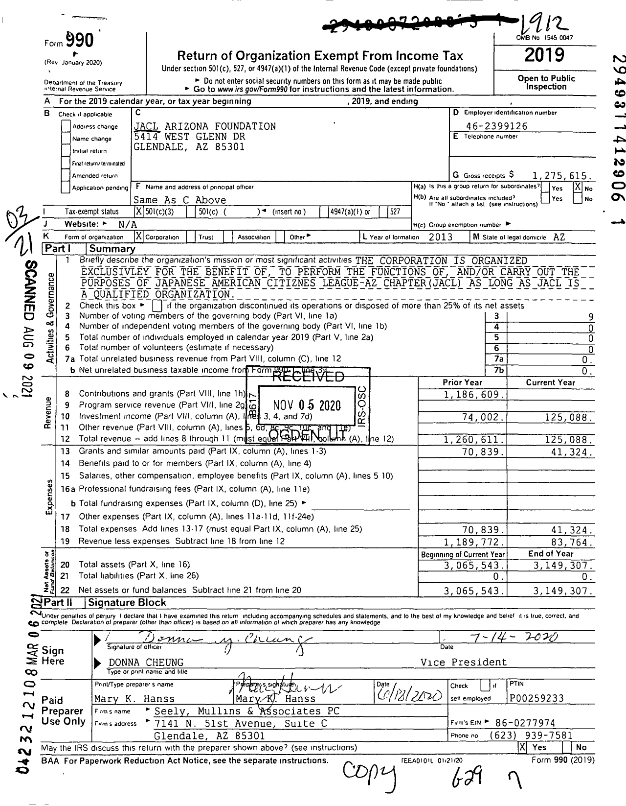 Image of first page of 2019 Form 990 for Jacl Arizona Foundation