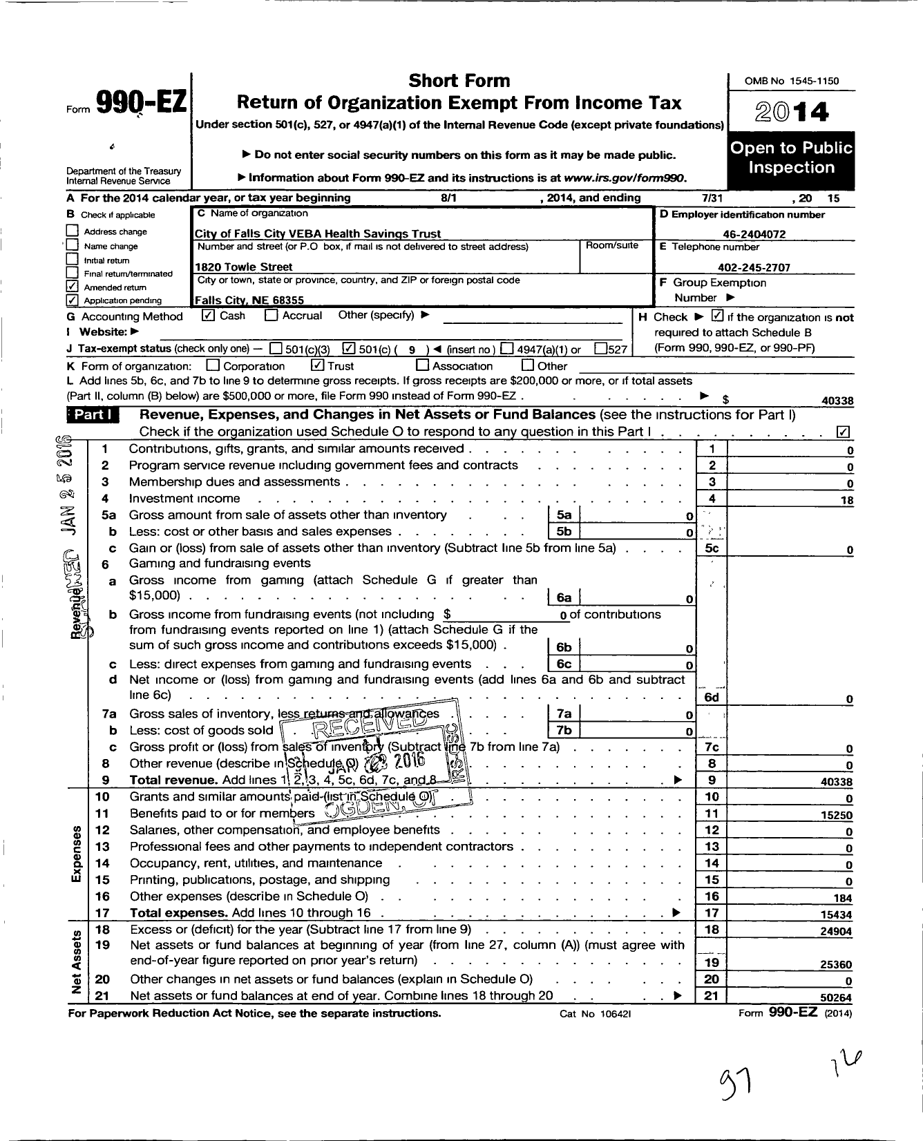 Image of first page of 2014 Form 990EO for City of Falls City Veba Health Savings Trust