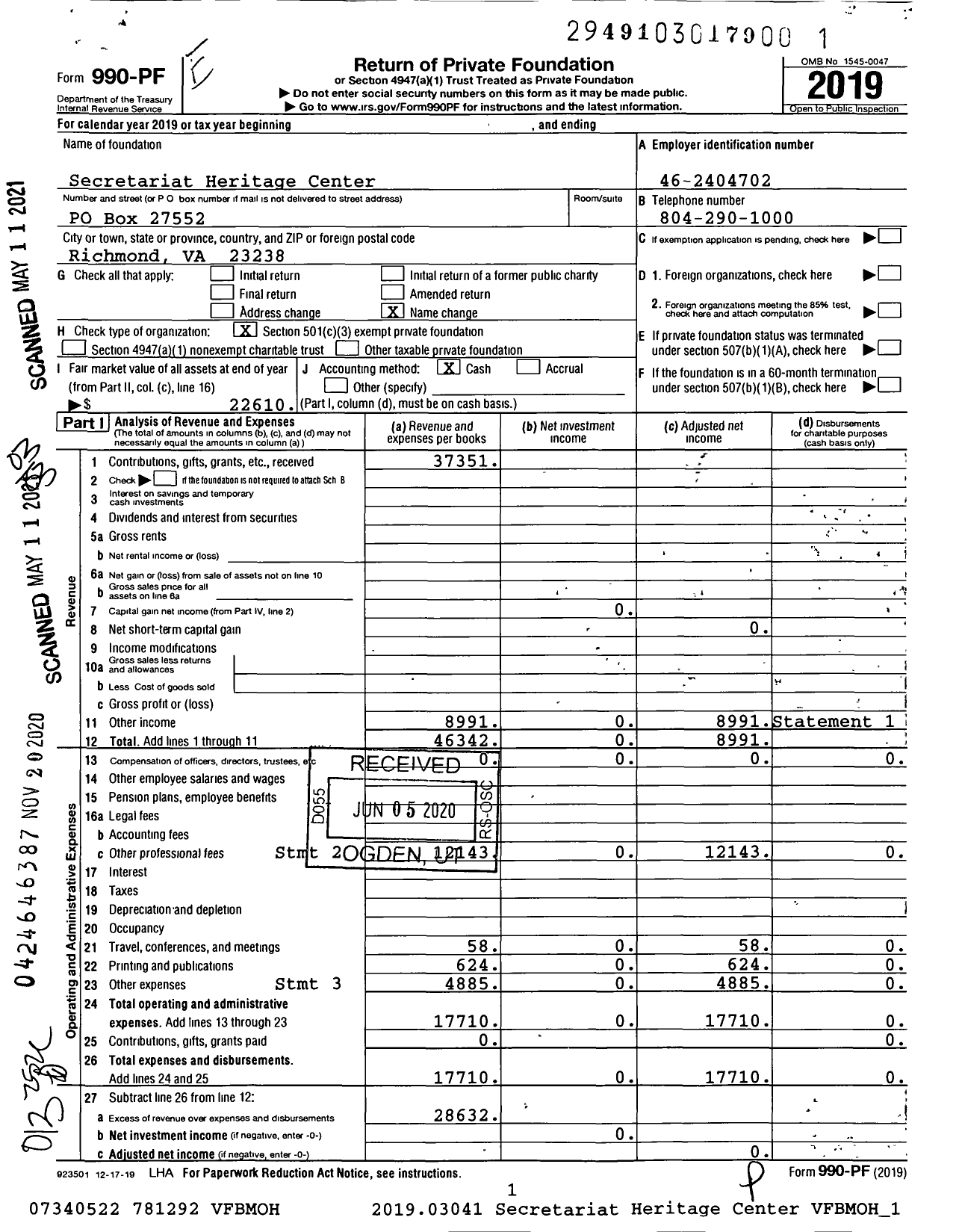 Image of first page of 2019 Form 990PF for Secretariat Heritage Center