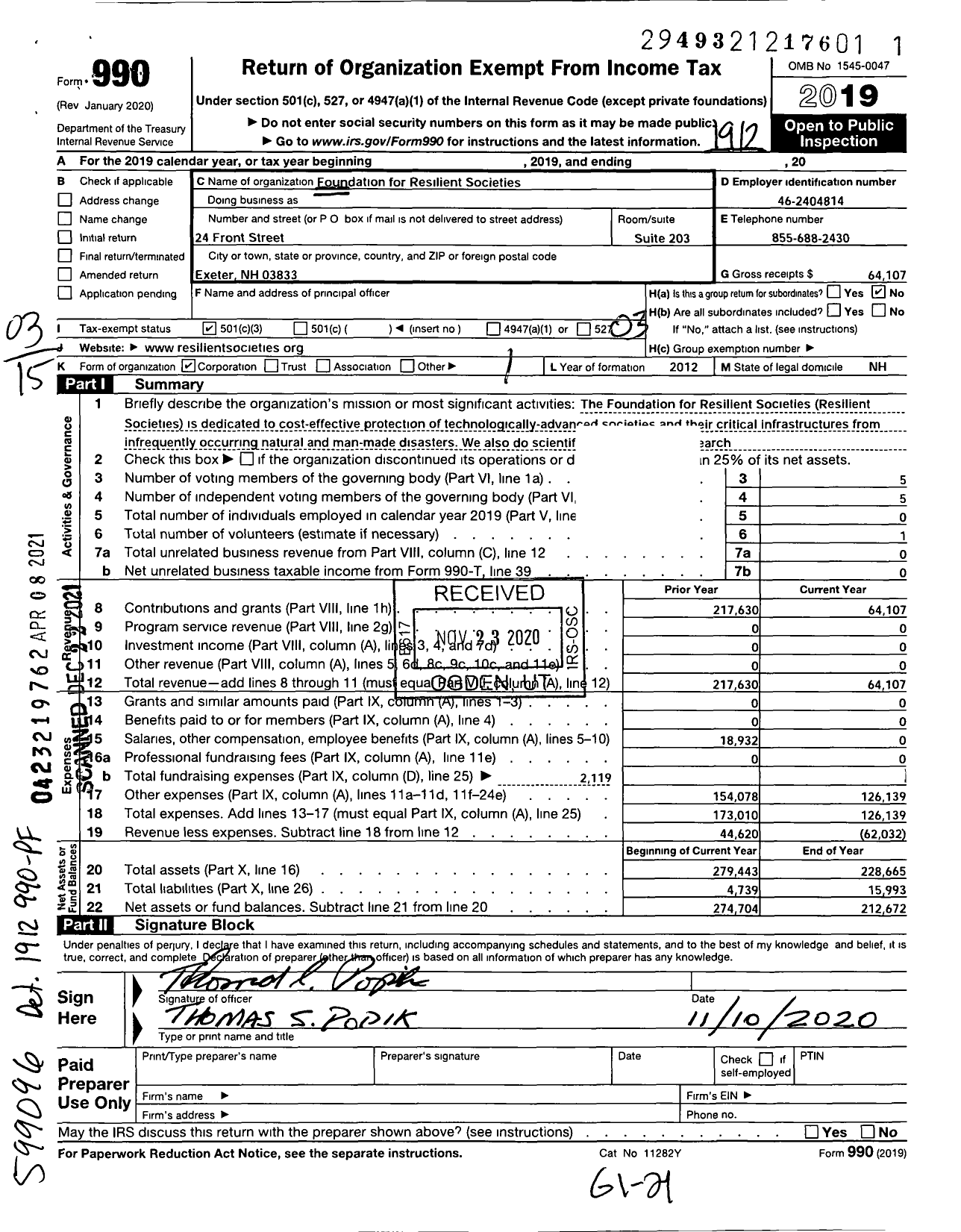 Image of first page of 2019 Form 990 for Foundation for Resilient Societies