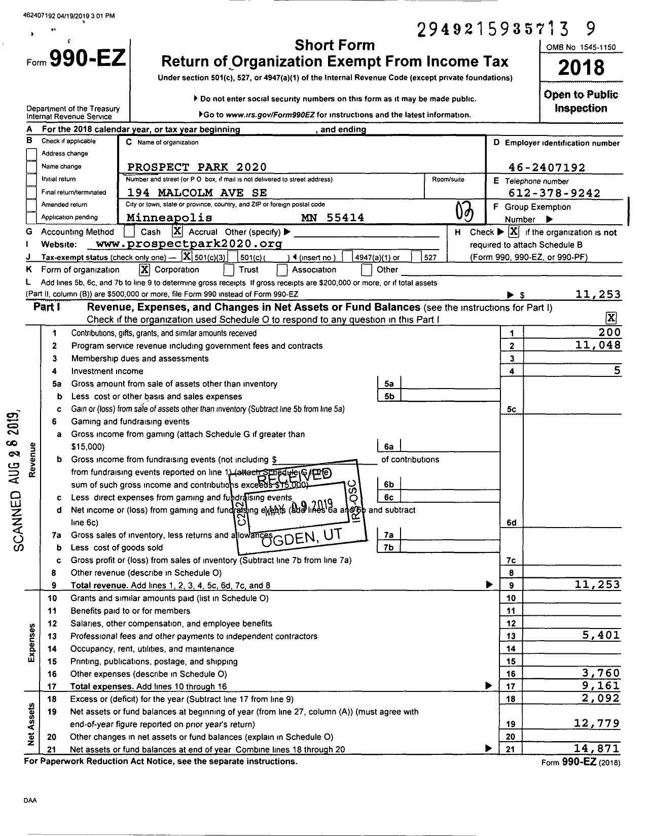 Image of first page of 2018 Form 990EZ for Prospect Park 2020