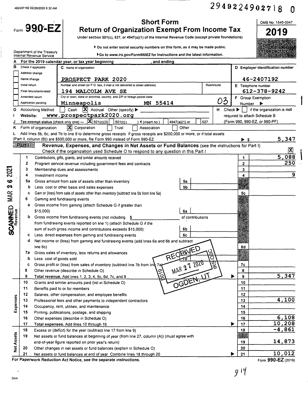 Image of first page of 2019 Form 990EZ for Prospect Park 2020