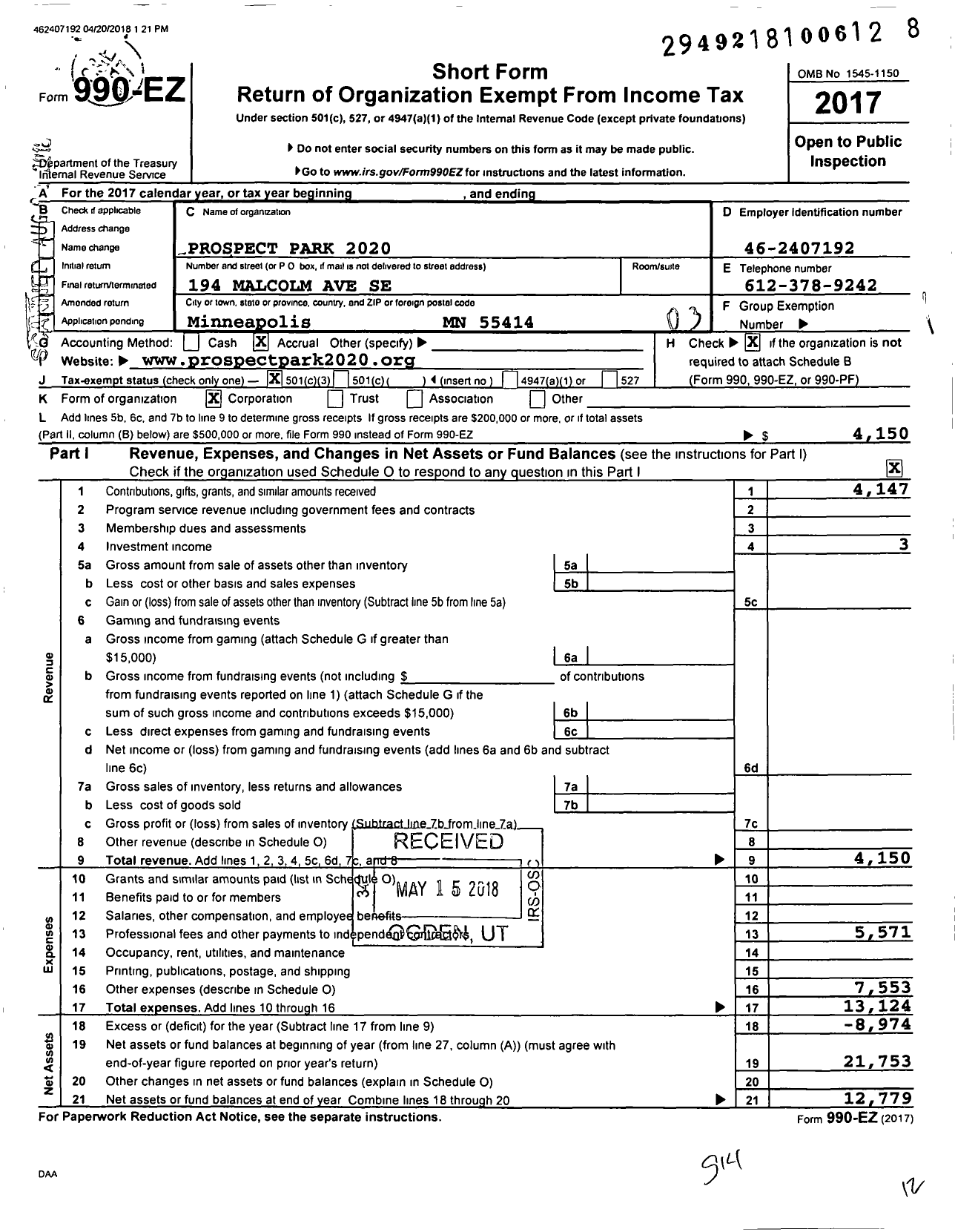 Image of first page of 2017 Form 990EZ for Prospect Park 2020