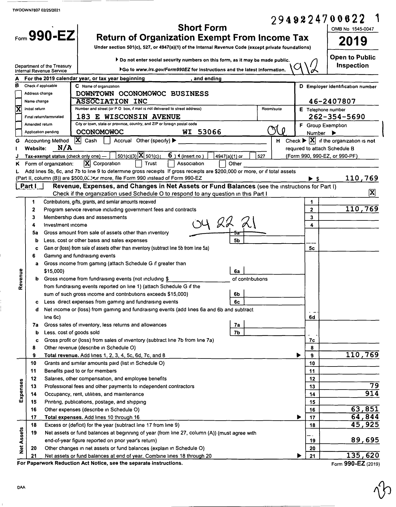 Image of first page of 2019 Form 990EO for Downtown Oconomowoc Business District