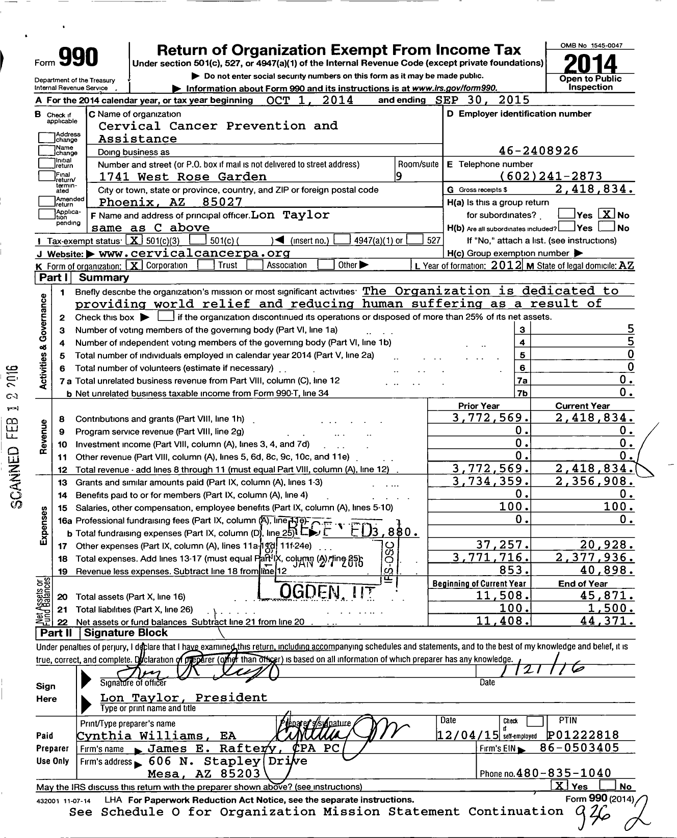 Image of first page of 2014 Form 990 for Cervical Cancer Prevention and Assistance