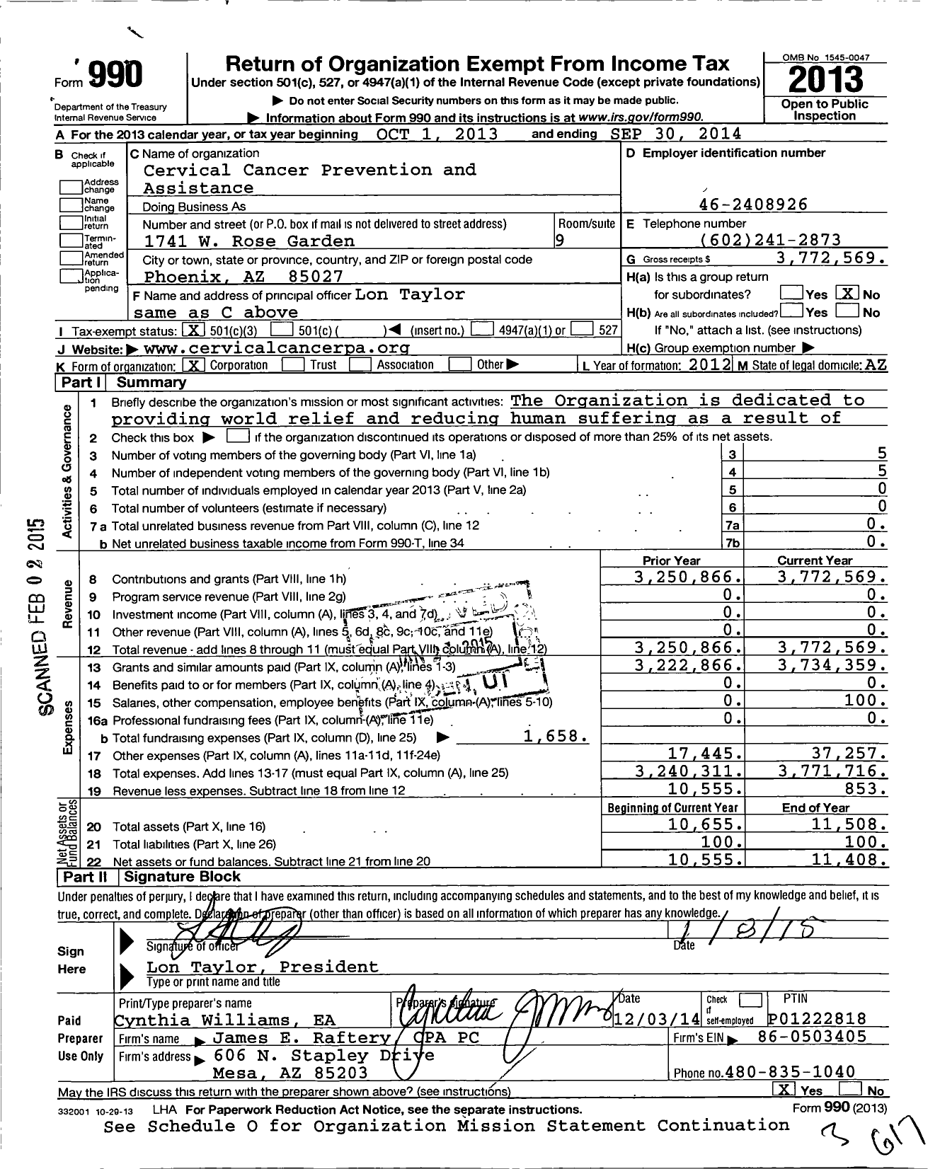 Image of first page of 2013 Form 990 for Cervical Cancer Prevention and Assistance