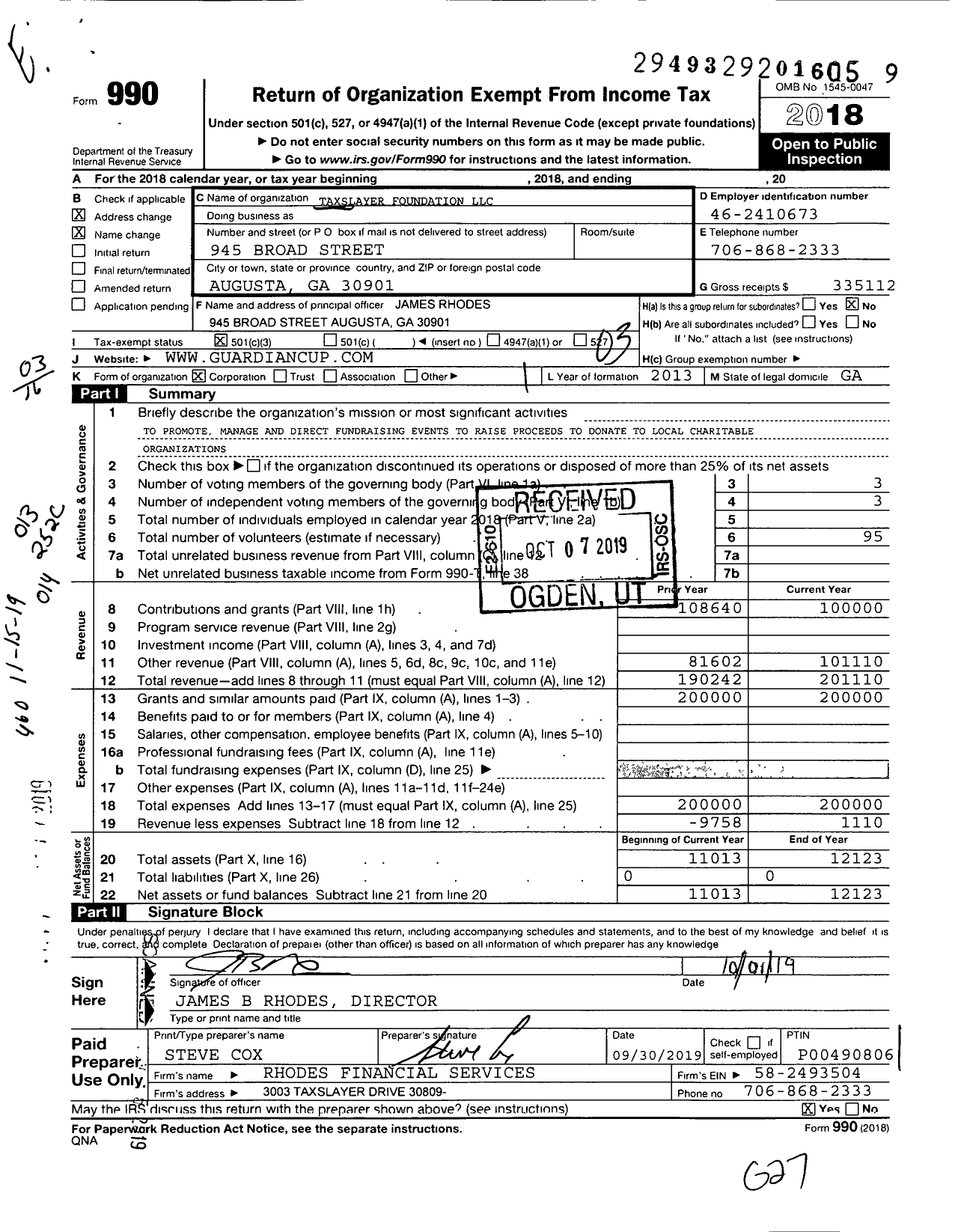 Image of first page of 2018 Form 990 for Rhodes Family Foundation