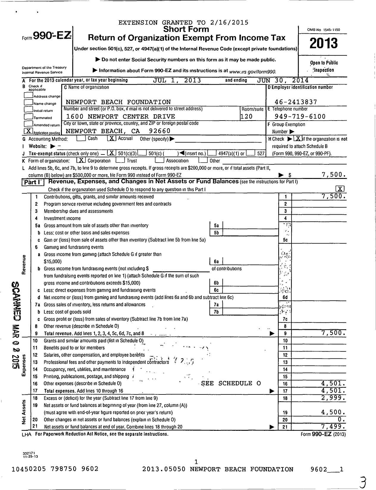 Image of first page of 2013 Form 990EZ for Newport Beach Foundation