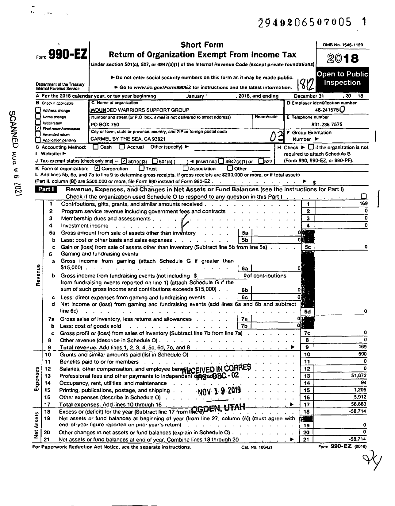 Image of first page of 2018 Form 990EZ for Wounded Warriors Support Group