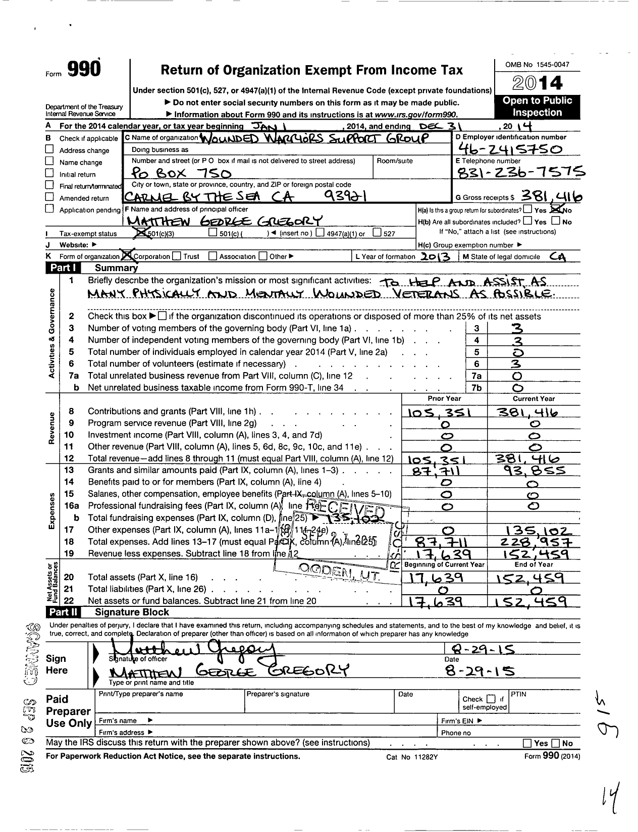 Image of first page of 2014 Form 990 for Wounded Warriors Support Group