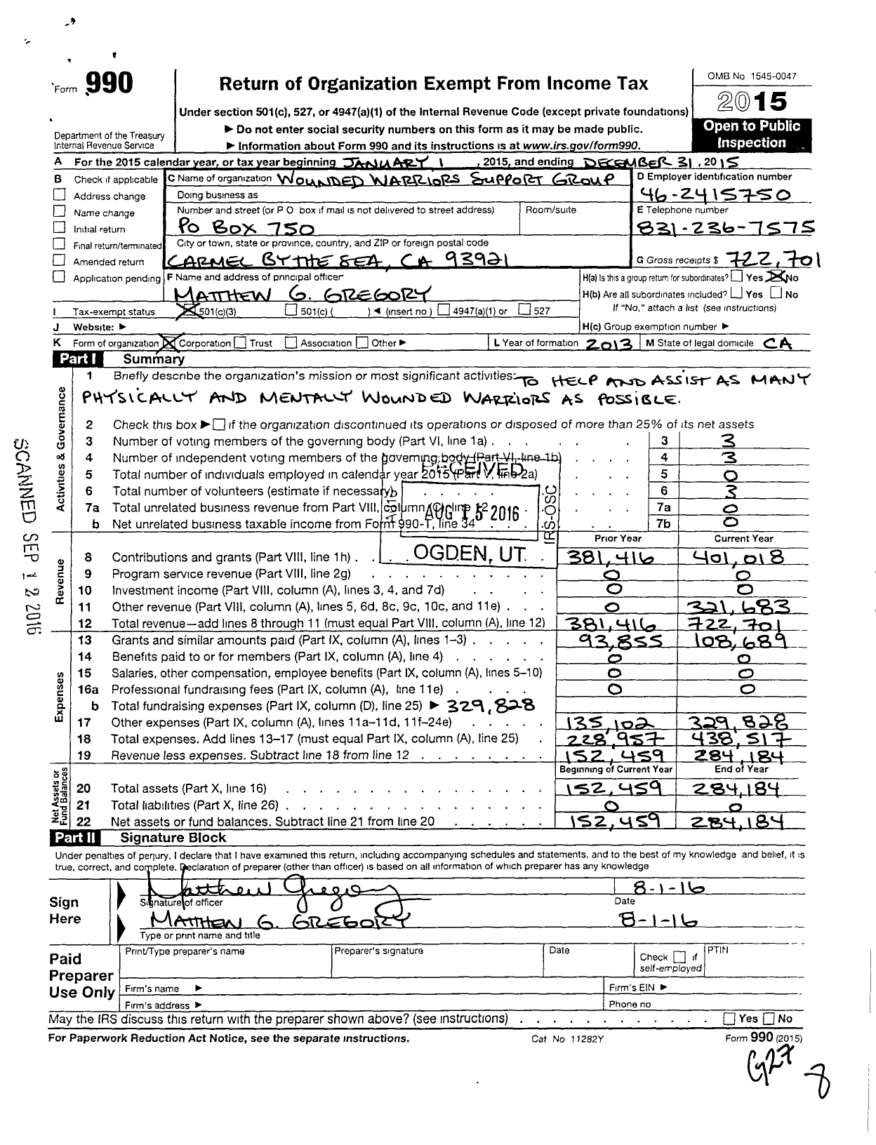 Image of first page of 2015 Form 990 for Wounded Warriors Support Group