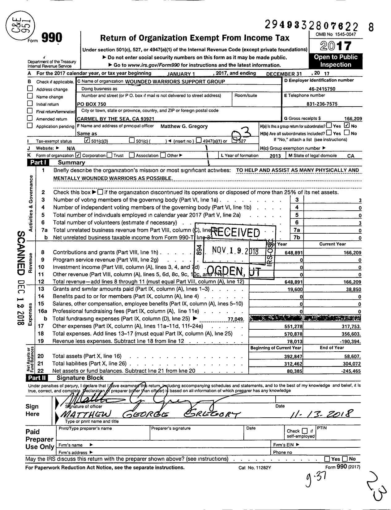 Image of first page of 2017 Form 990 for Wounded Warriors Support Group