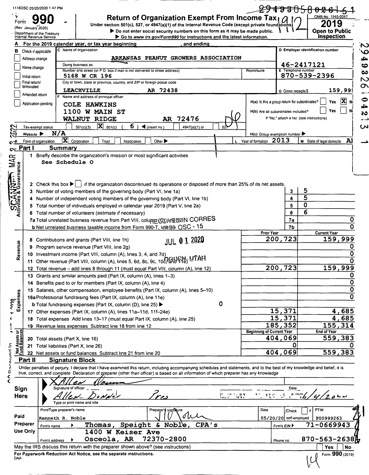 Image of first page of 2019 Form 990O for Arkansas Peanut Growers Association