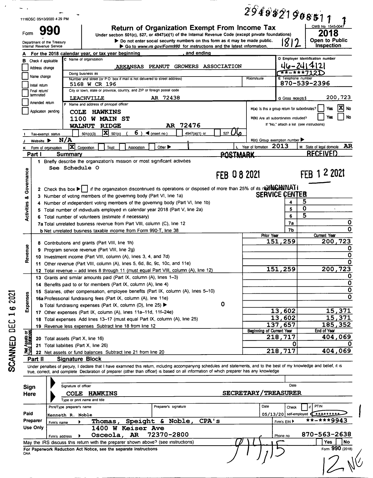 Image of first page of 2018 Form 990O for Arkansas Peanut Growers Association