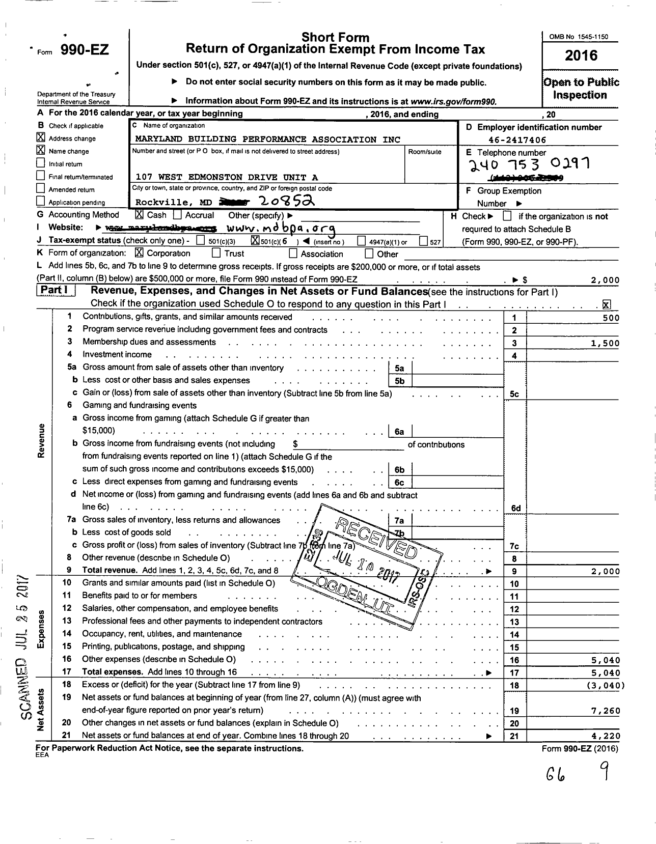 Image of first page of 2016 Form 990EO for Maryland Building Performance Association